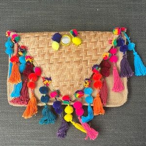 Straw Clutch with optional strap with Colored Tassels & PomPoms